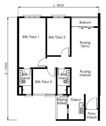 the skyline layout C 900sf 3 bedrooms